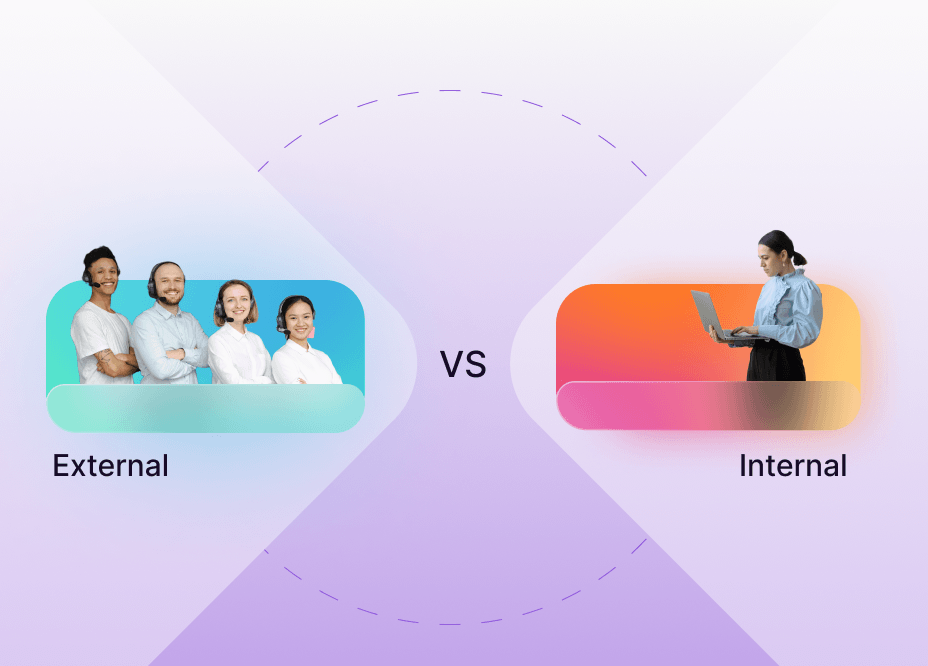 Vergleich von externen und internen Teams für Web-Barrierefreiheit: Links eine Gruppe externer Experten, rechts ein einzelnes internes Teammitglied.