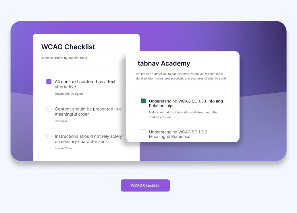 Visualisierung einer WCAG-Checkliste und tabnav Academy-Ressourcen mit wichtigen Barrierefreiheitsrichtlinien und Bildungslinks.
