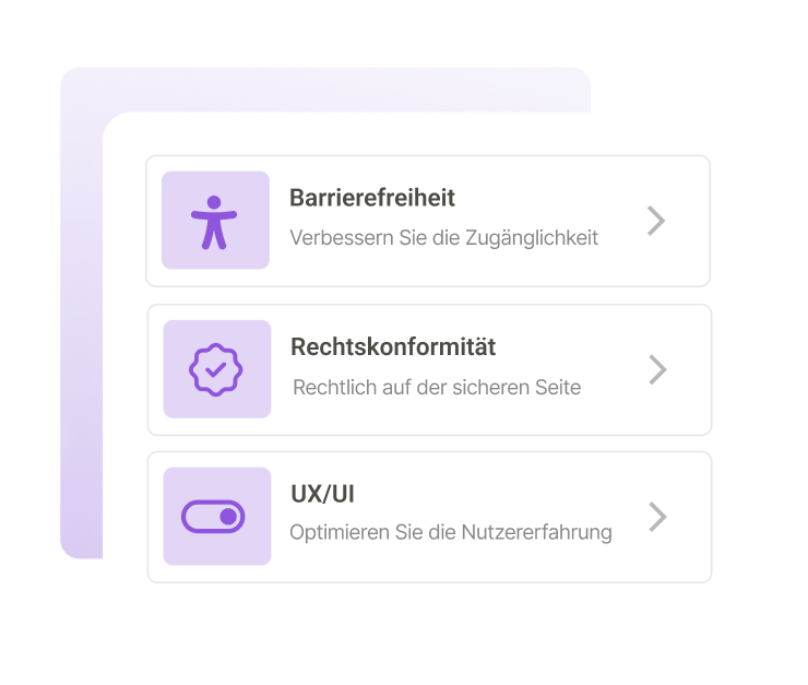UI-Menü mit drei Optionen: Accessibility (Barrierefreiheit verbessern), Compliance (Rechtliche Anforderungen erfüllen) und UX/UI (Nutzererfahrung verbessern). Jede Option zeigt ein violettes Symbol.