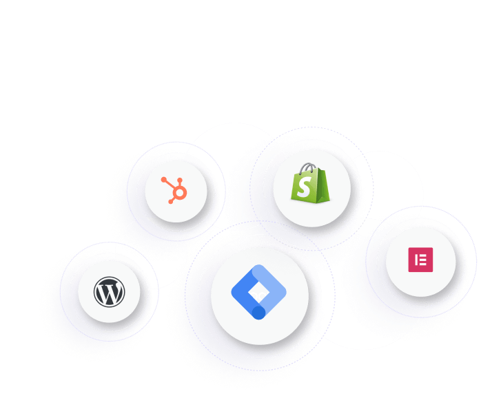 Vier Kreise, die bekannte Website-Plattformen und Verwaltungstools darstellen: HubSpot-Logo, Shopify-Logo, WordPress-Logo und Google Tag Manager-Logo.
