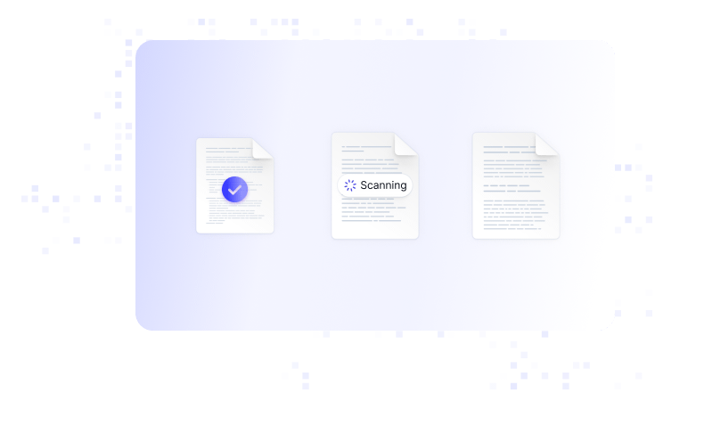 Three PDF icons showing scanning, validation, and results.